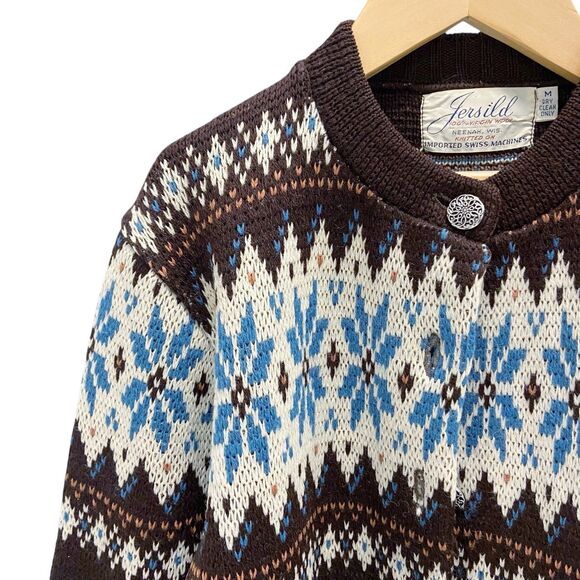 Vintage Jersild 100% Virgin Wool Sweater Cardigan Nordic/Fair Isle Print Medium - Picture 4 of 12